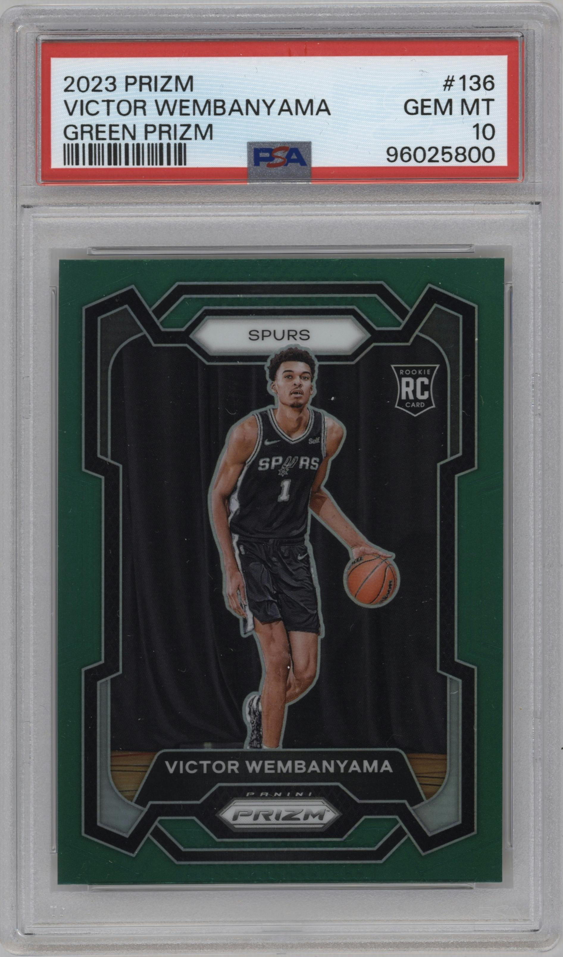 Victor Wembanyama from the 2023-24 Panini Prizm set featuring a Green Prizm parallel graded by PSA and given an overall grade of 10.