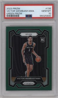 Victor Wembanyama from the 2023-24 Panini Prizm set featuring a Green Prizm parallel graded by PSA and given an overall grade of 10.