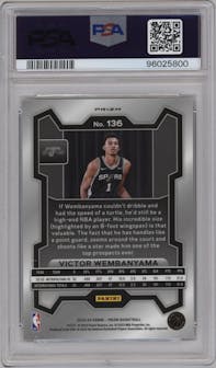 Victor Wembanyama from the 2023-24 Panini Prizm set featuring a Green Prizm parallel graded by PSA and given an overall grade of 10.