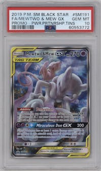 Mewtwo & Mew GX from the 2019 Pokemon S&M  set featuring a Power Partnership Tins parallel graded by PSA and given an overall grade of 10.