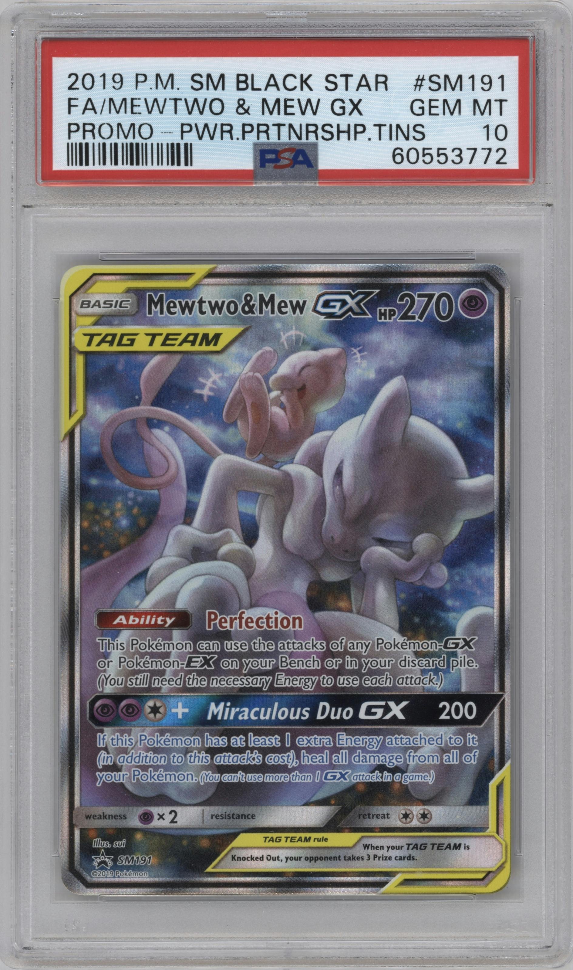 Mewtwo & Mew GX from the 2019 Pokemon S&M  set featuring a Power Partnership Tins parallel graded by PSA and given an overall grade of 10.