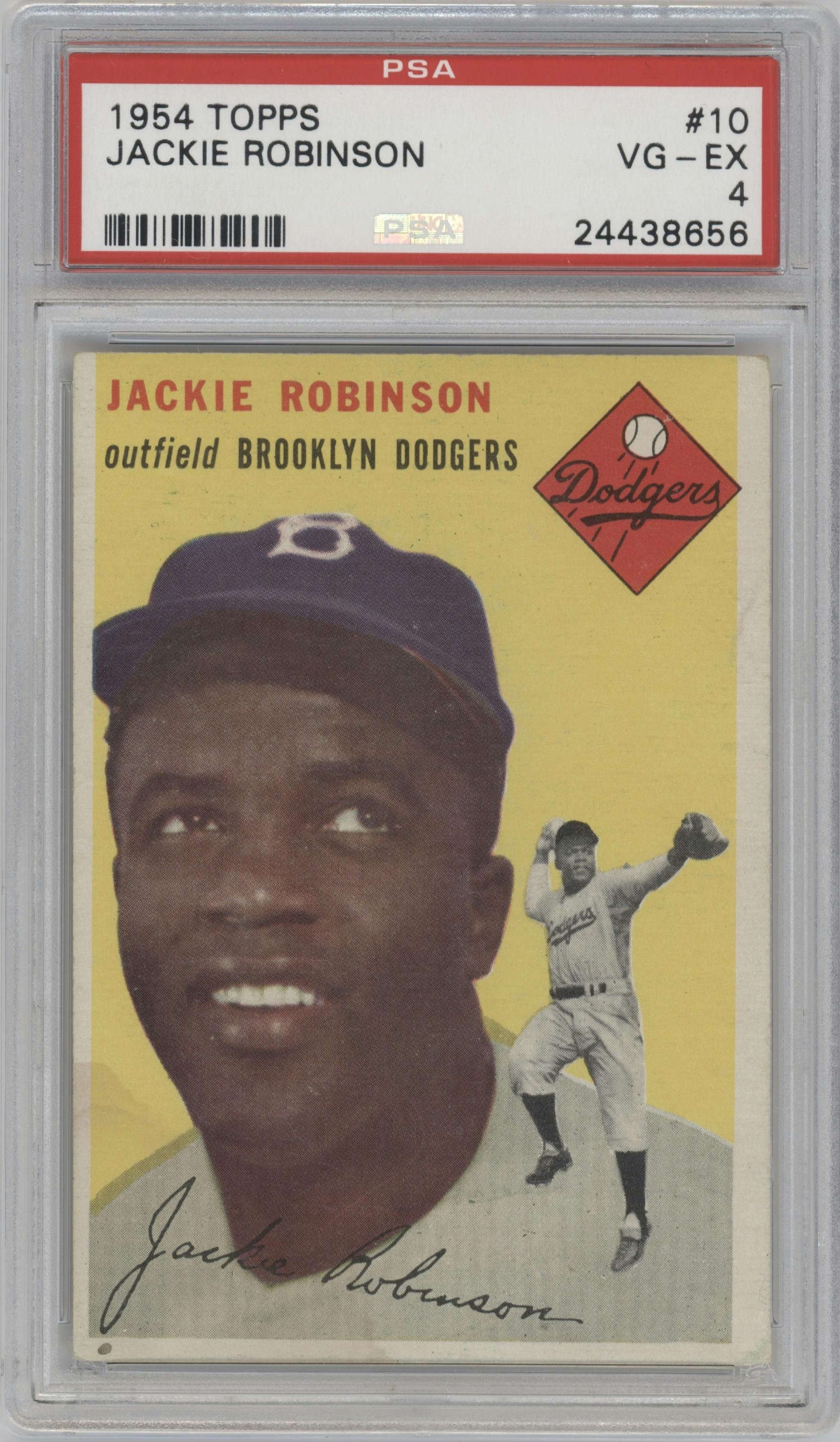 Jackie Robinson from the 1954 Topps set graded by PSA and given an overall grade of 4.