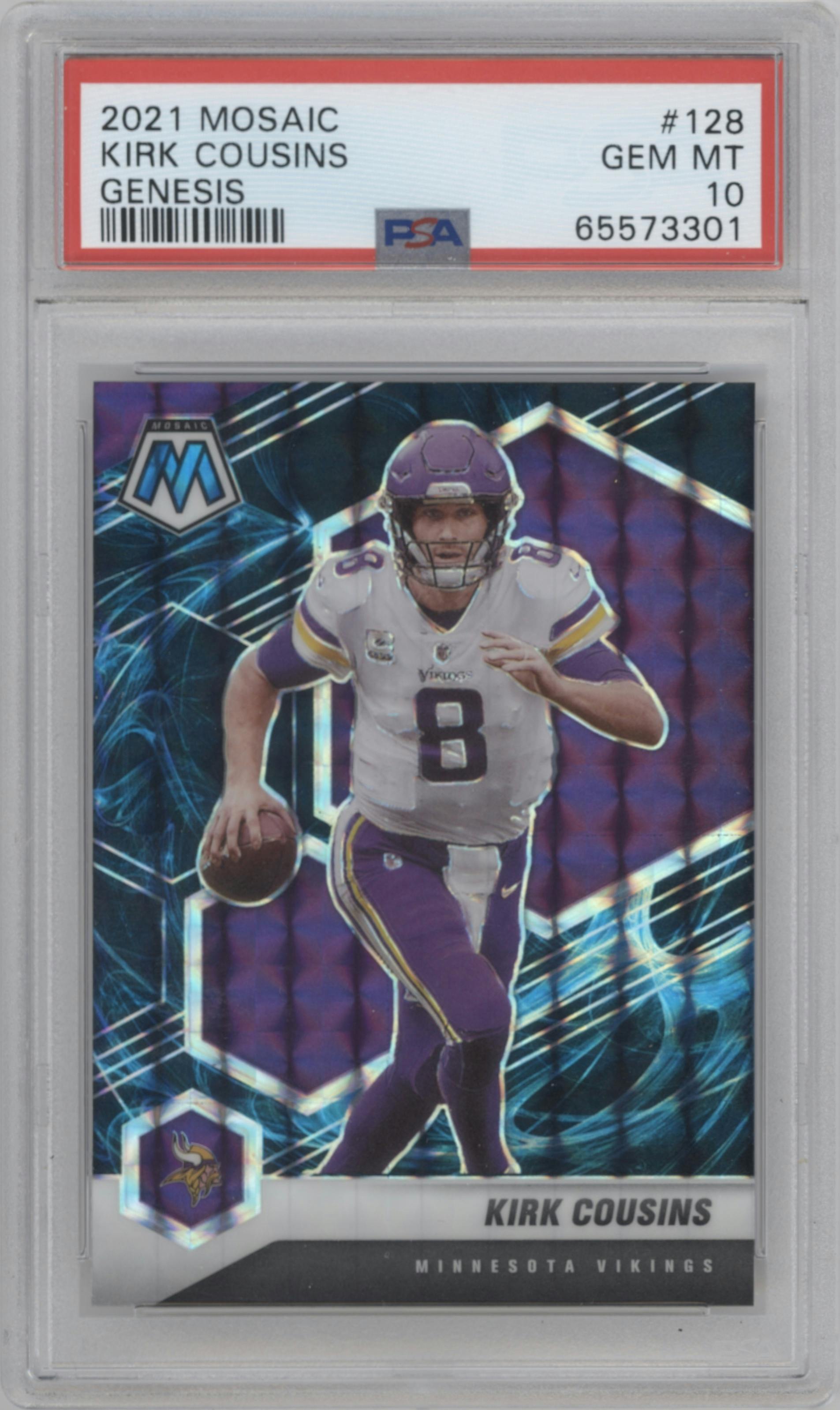 Kirk Cousins from the 2021 Panini Mosaic set featuring a Genesis parallel graded by PSA and given an overall grade of 10.