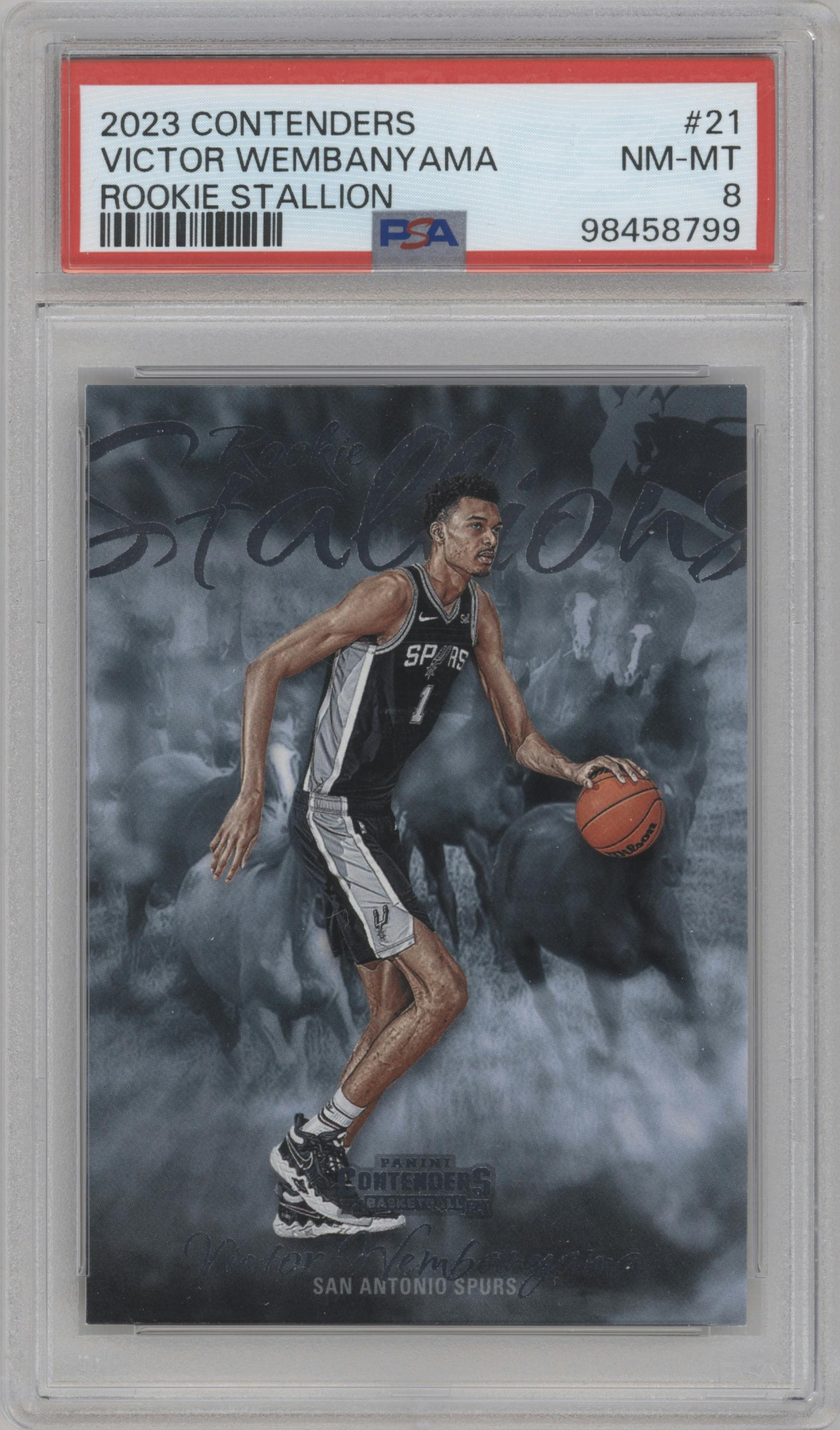 Victor Wembanyama from the 2023-24 Panini Contenders set graded by PSA and given an overall grade of 8.