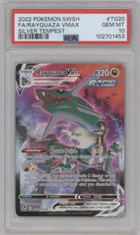 Rayquaza VMAX from the 2022 Pokemon SWSH set graded by PSA and given an overall grade of 10.