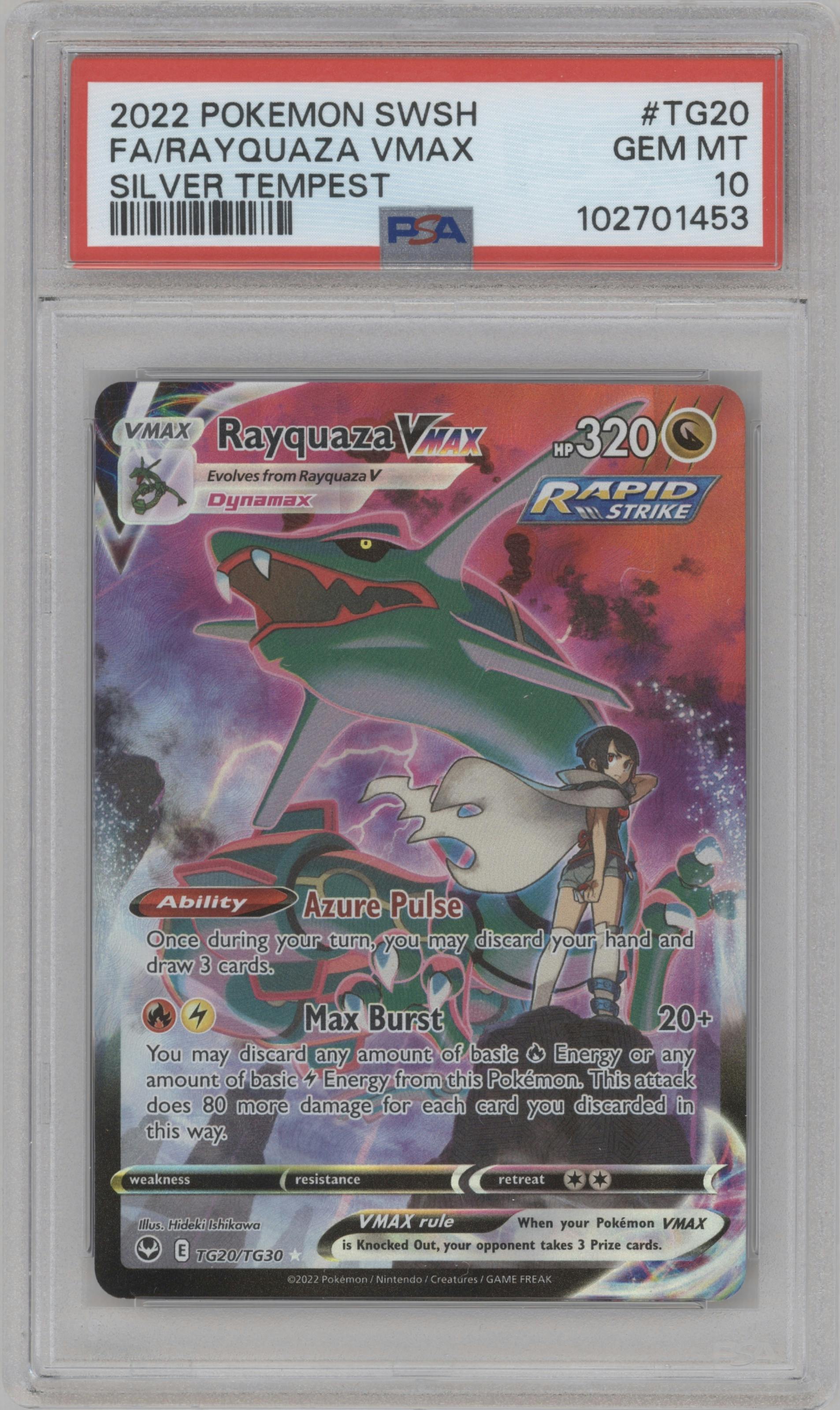 Rayquaza VMAX from the 2022 Pokemon SWSH set graded by PSA and given an overall grade of 10.