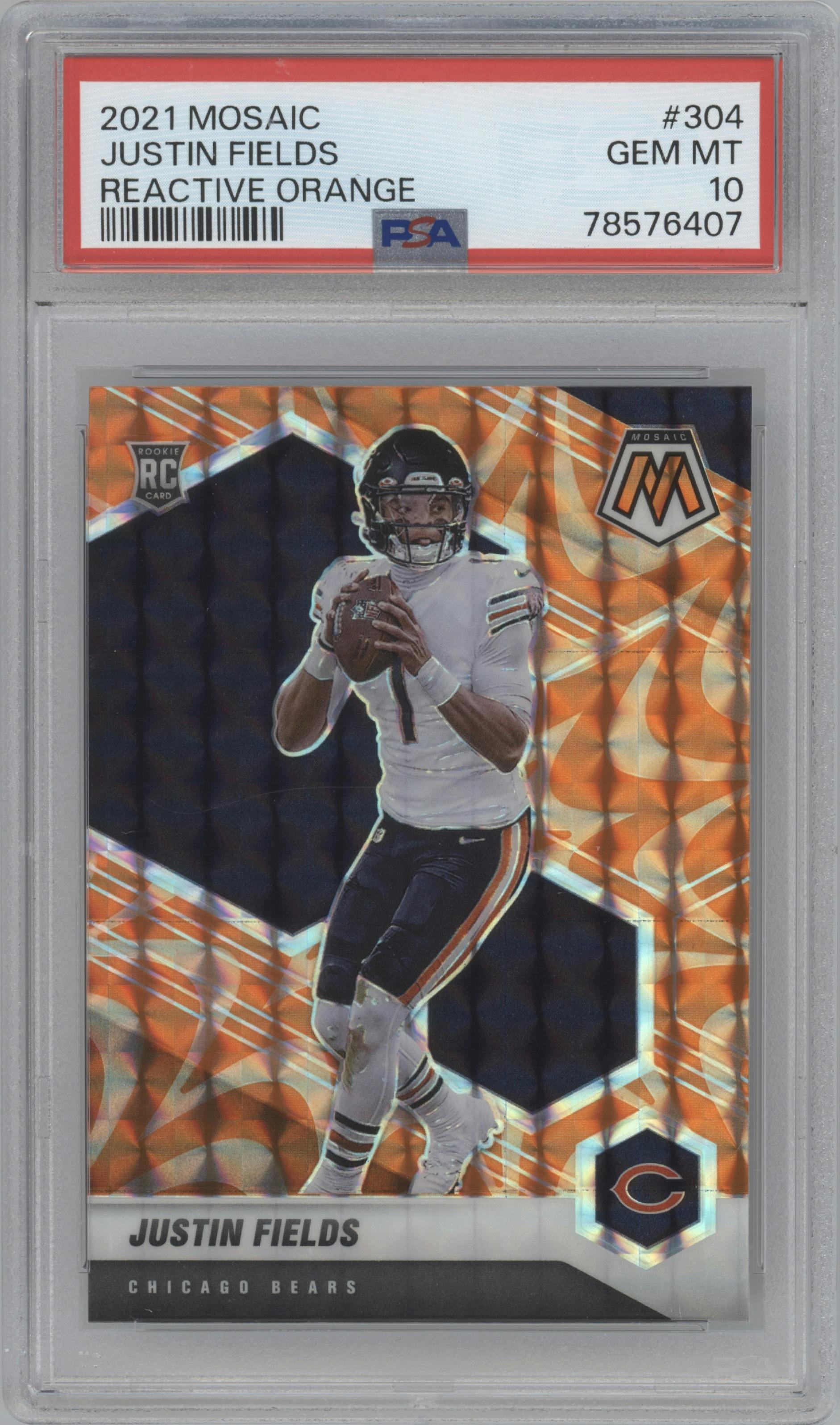 Justin Fields from the 2021 Panini Mosaic set featuring a Reactive Orange parallel graded by PSA and given an overall grade of 10.