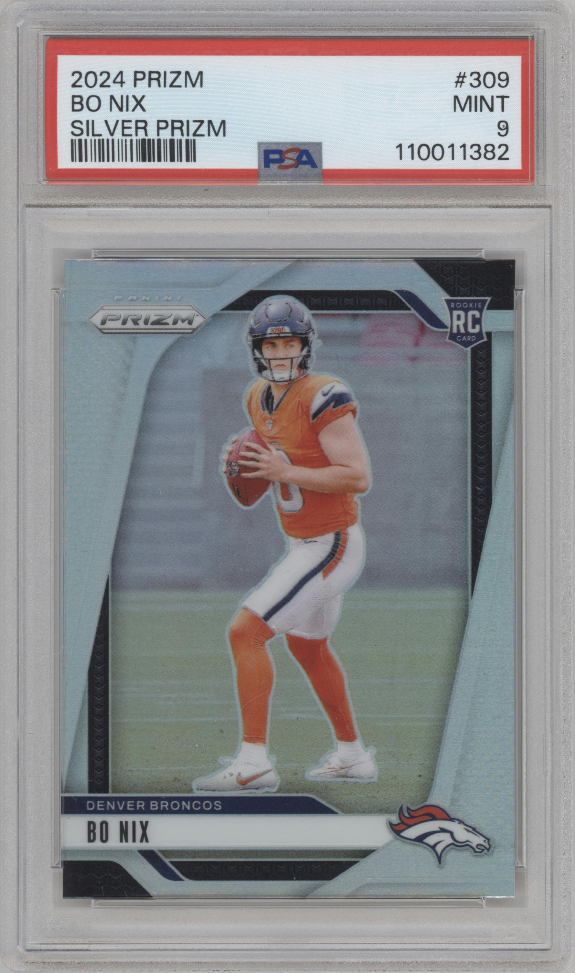 Bo Nix from the 2024 Panini Prizm set featuring a Silver Prizm parallel graded by PSA and given an overall grade of 9.