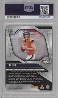 Bo Nix from the 2024 Panini Prizm set featuring a Silver Prizm parallel graded by PSA and given an overall grade of 9.