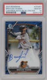 Braylin Tavera from the 2023 Bowman  set featuring a Blue Lunar Crater Refractor parallel graded by PSA and given an overall grade of 10.