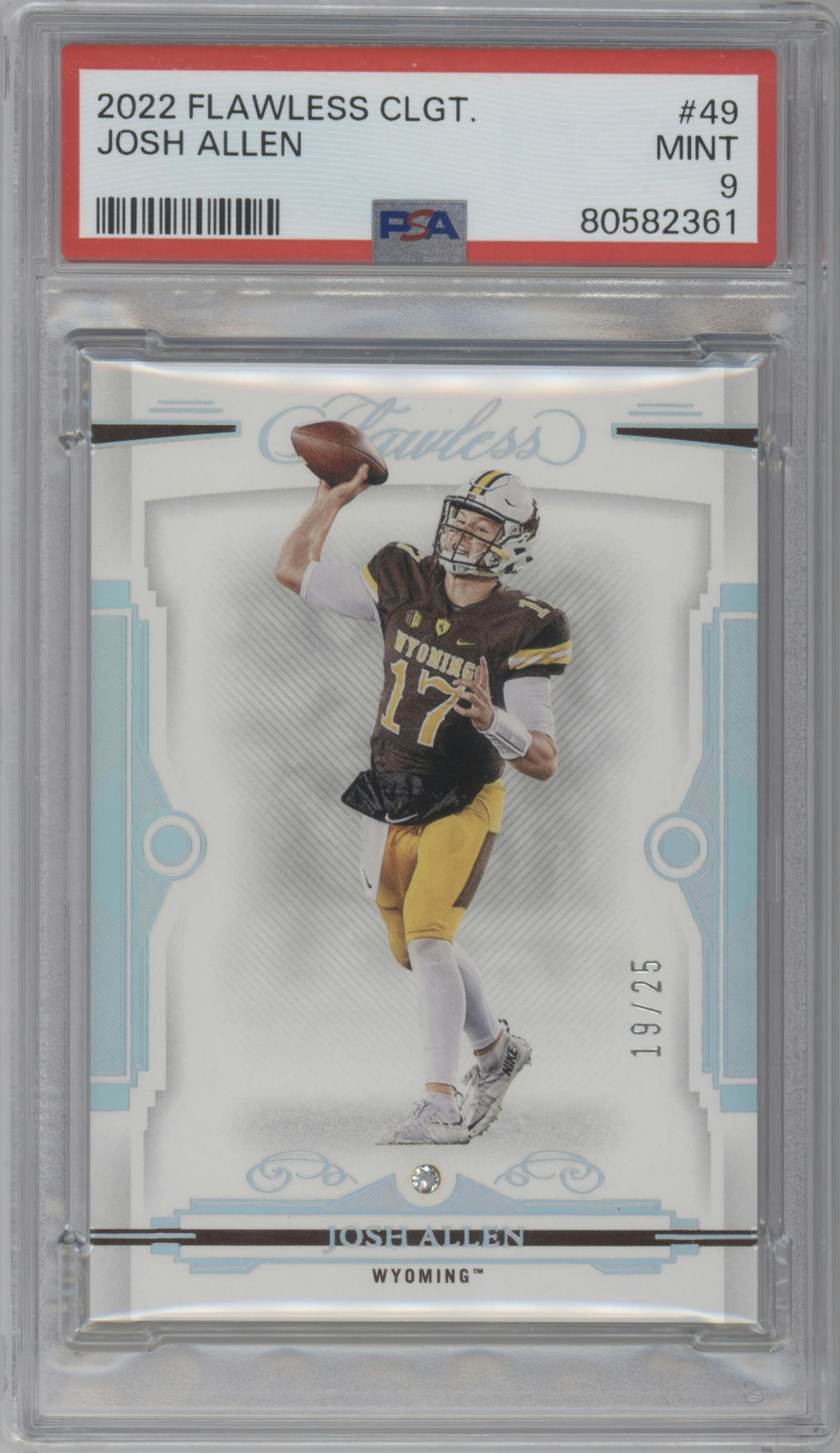 Josh Allen from the 2022 Panini Flawless Collegiate set graded by PSA and given an overall grade of 9.