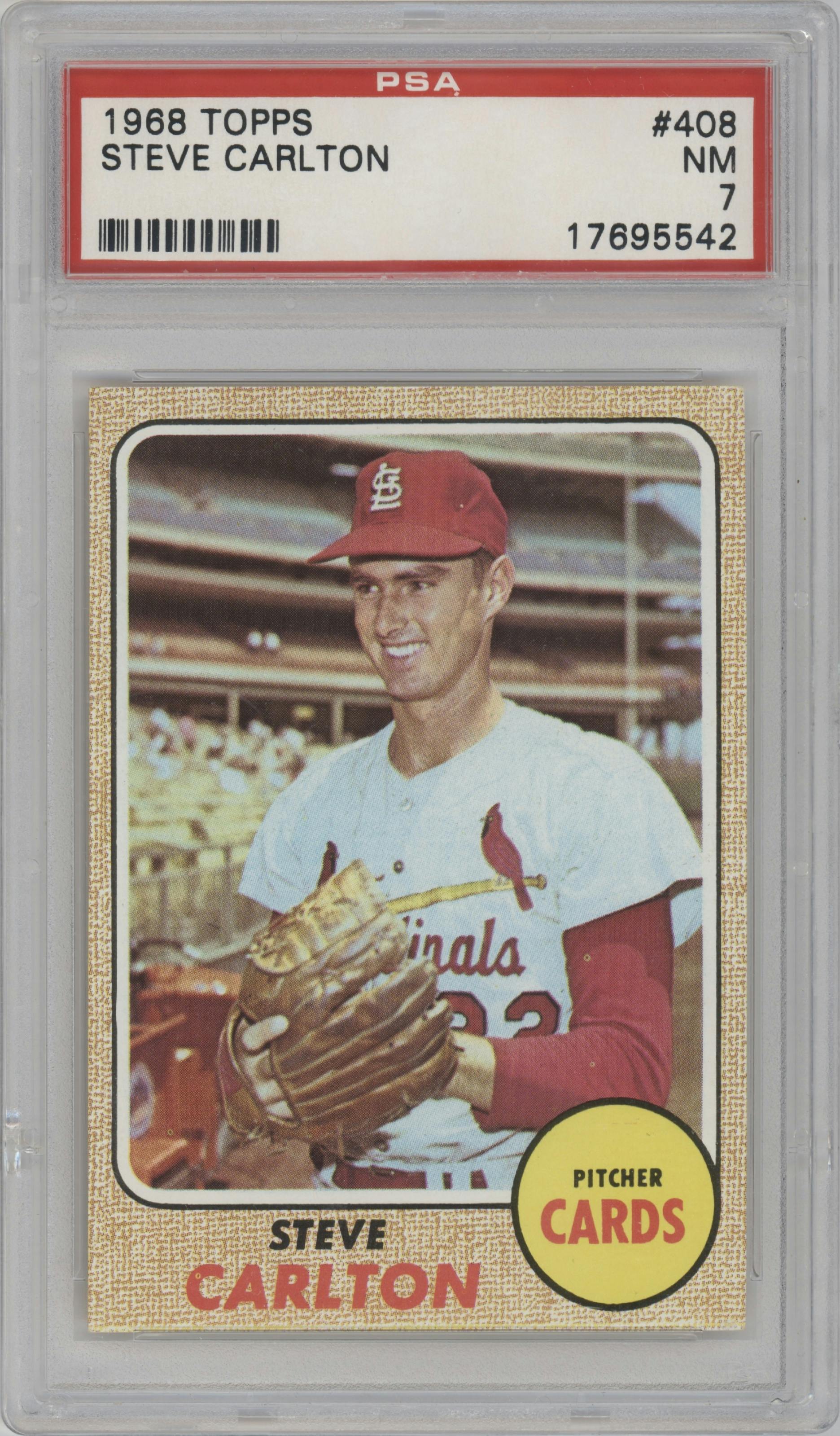 Steve Carlton from the 1968 Topps set graded by PSA and given an overall grade of 7.