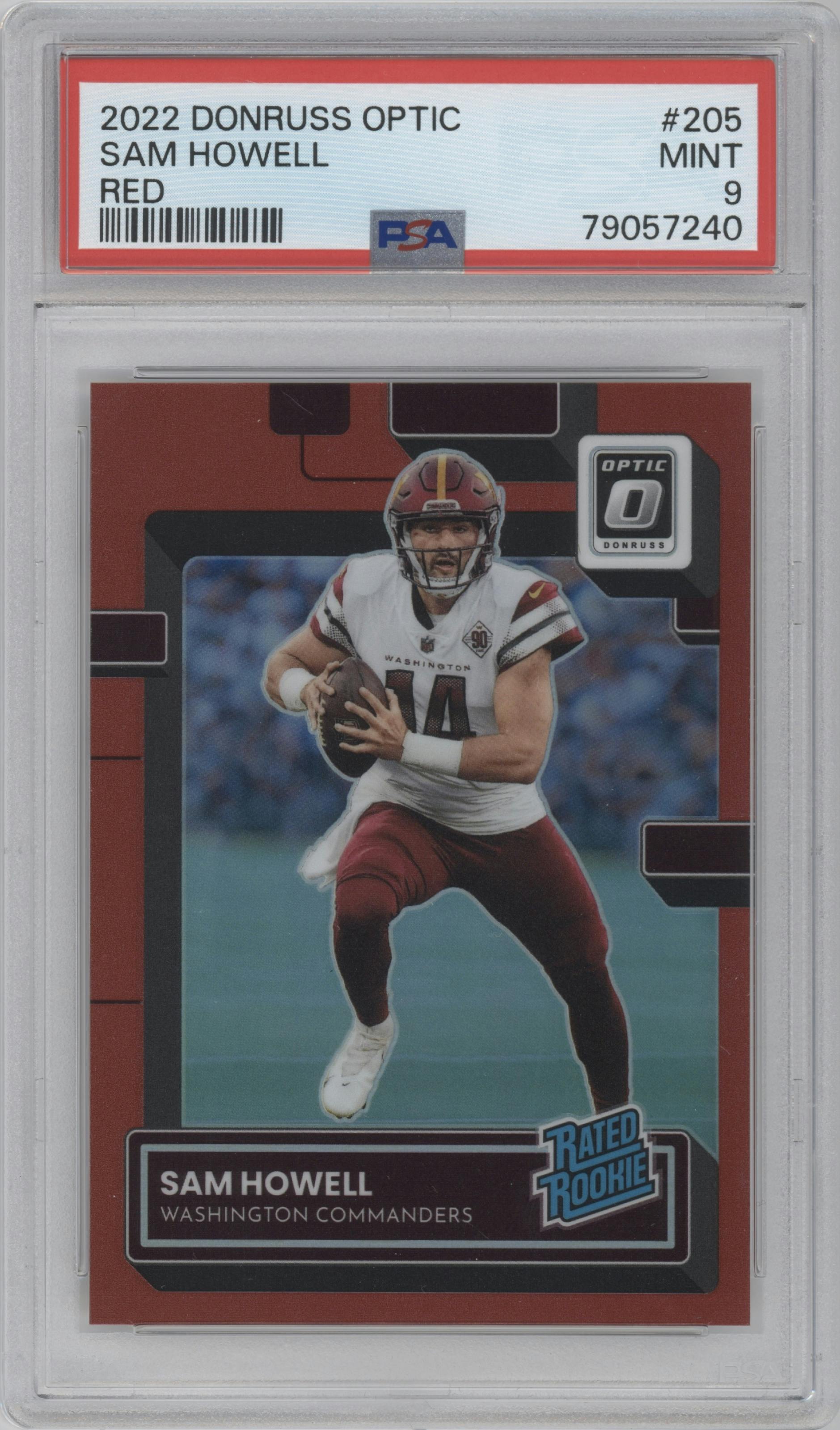 Sam Howell from the 2022 Panini Donruss Optic set featuring a Red parallel graded by PSA and given an overall grade of 9.