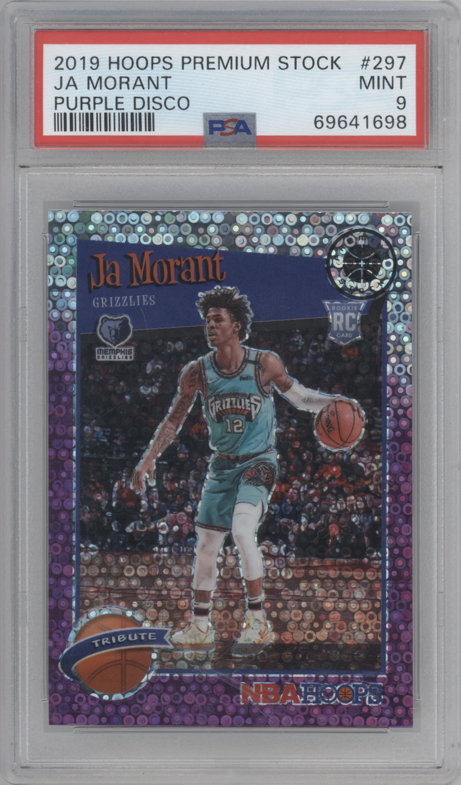 2019 Panini Hoops Premium Stock Tribute Ja Morant Purple Disco PSA 9