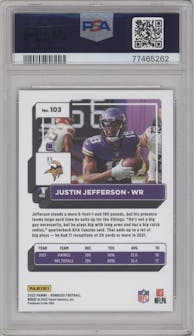 Justin Jefferson from the 2022 Panini Donruss set featuring a Press Proof Premium parallel graded by PSA and given an overall grade of 10.