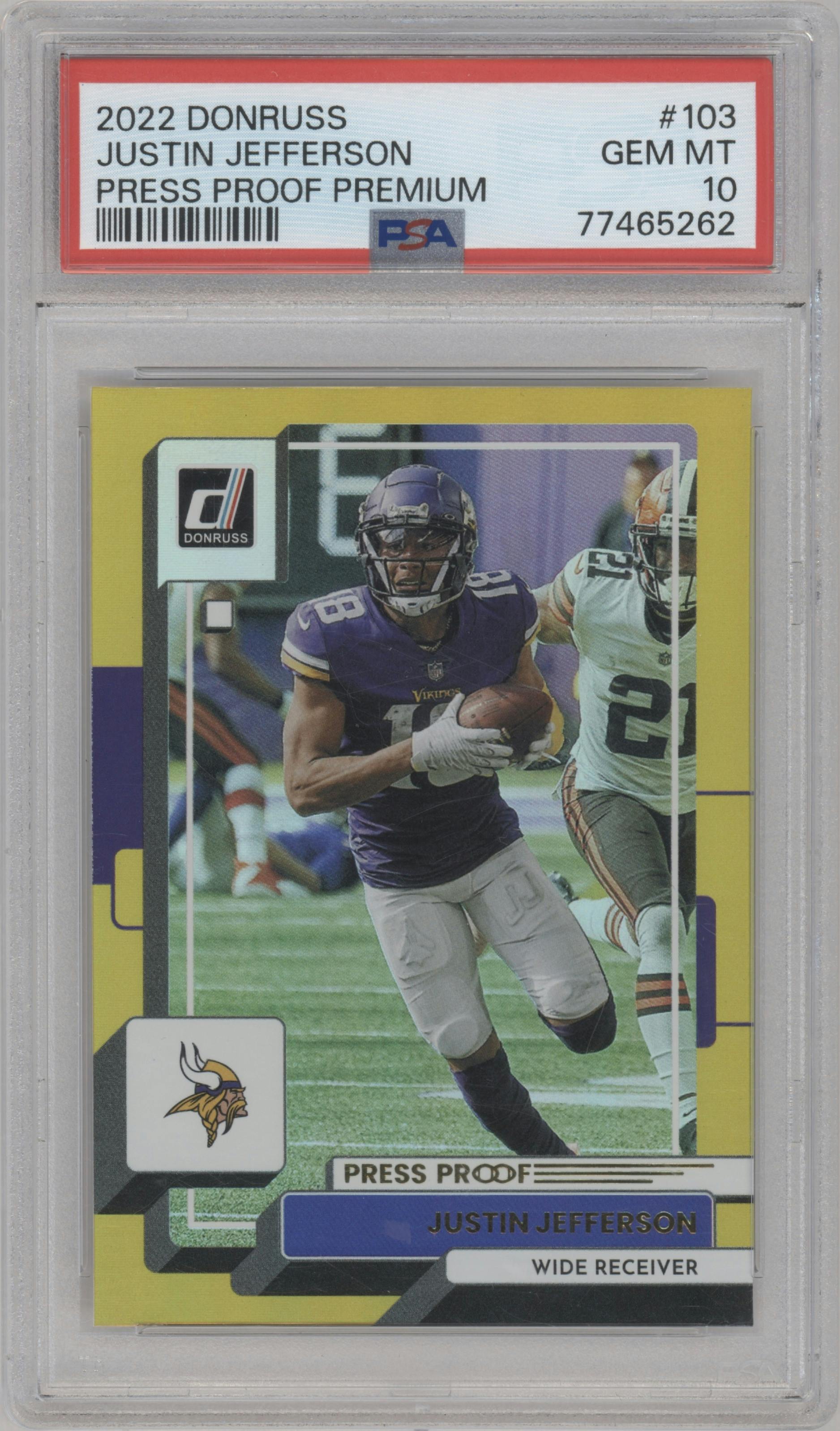 Justin Jefferson from the 2022 Panini Donruss set featuring a Press Proof Premium parallel graded by PSA and given an overall grade of 10.
