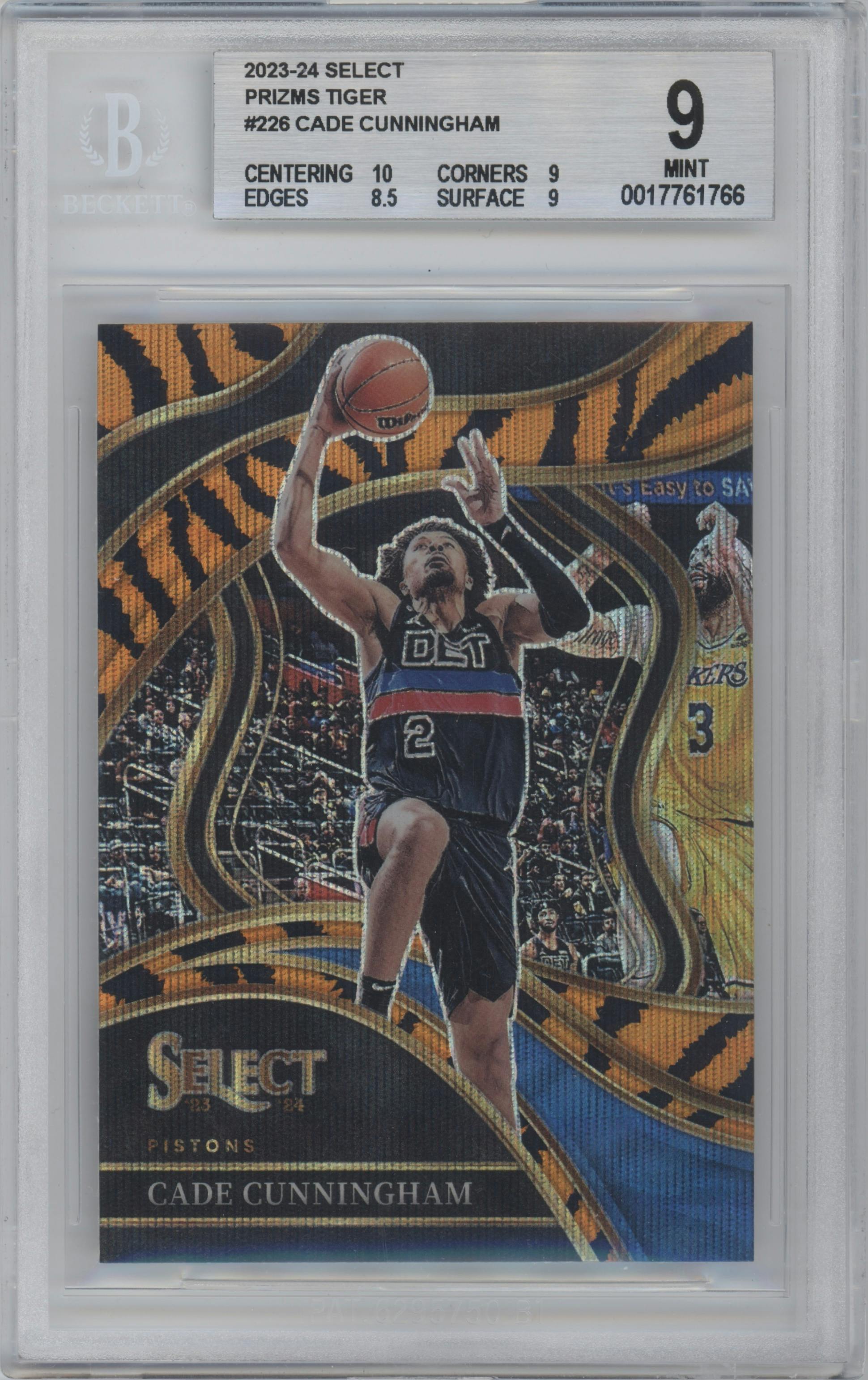 Cade Cunningham from the 2023-24 Panini Select  set featuring a Tiger parallel graded by Beckett and given an overall grade of 9.