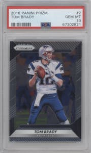 Tom Brady from the 2016 Panini Prizm set graded by PSA and given an overall grade of 10.