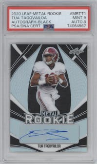 Tua Tagovailoa from the 2020 Leaf Metal Rookie Autograph set featuring a Black parallel graded by PSA and given an overall grade of 9.