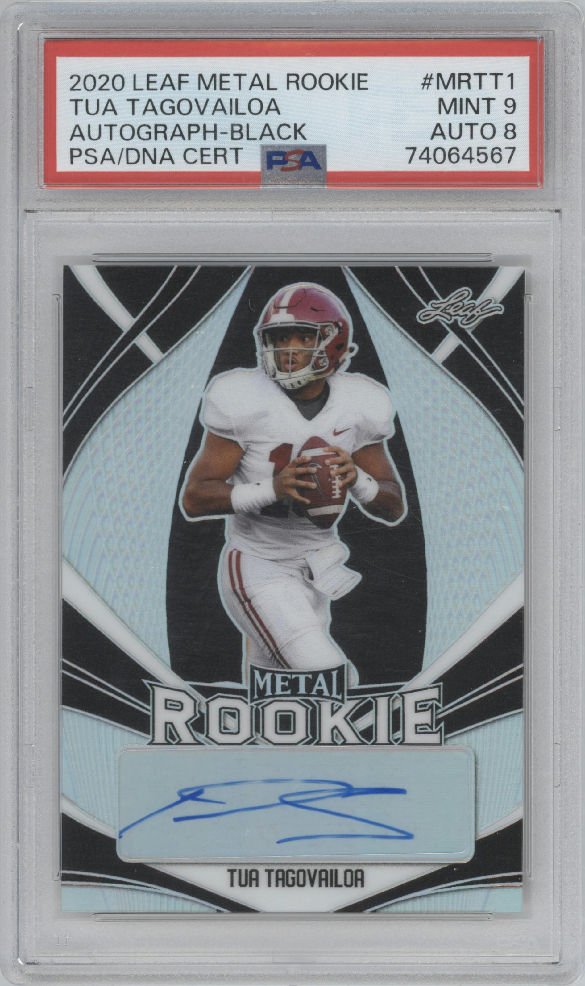 Tua Tagovailoa from the 2020 Leaf Metal Rookie Autograph set featuring a Black parallel graded by PSA and given an overall grade of 9.