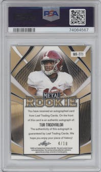 Tua Tagovailoa from the 2020 Leaf Metal Rookie Autograph set featuring a Black parallel graded by PSA and given an overall grade of 9.