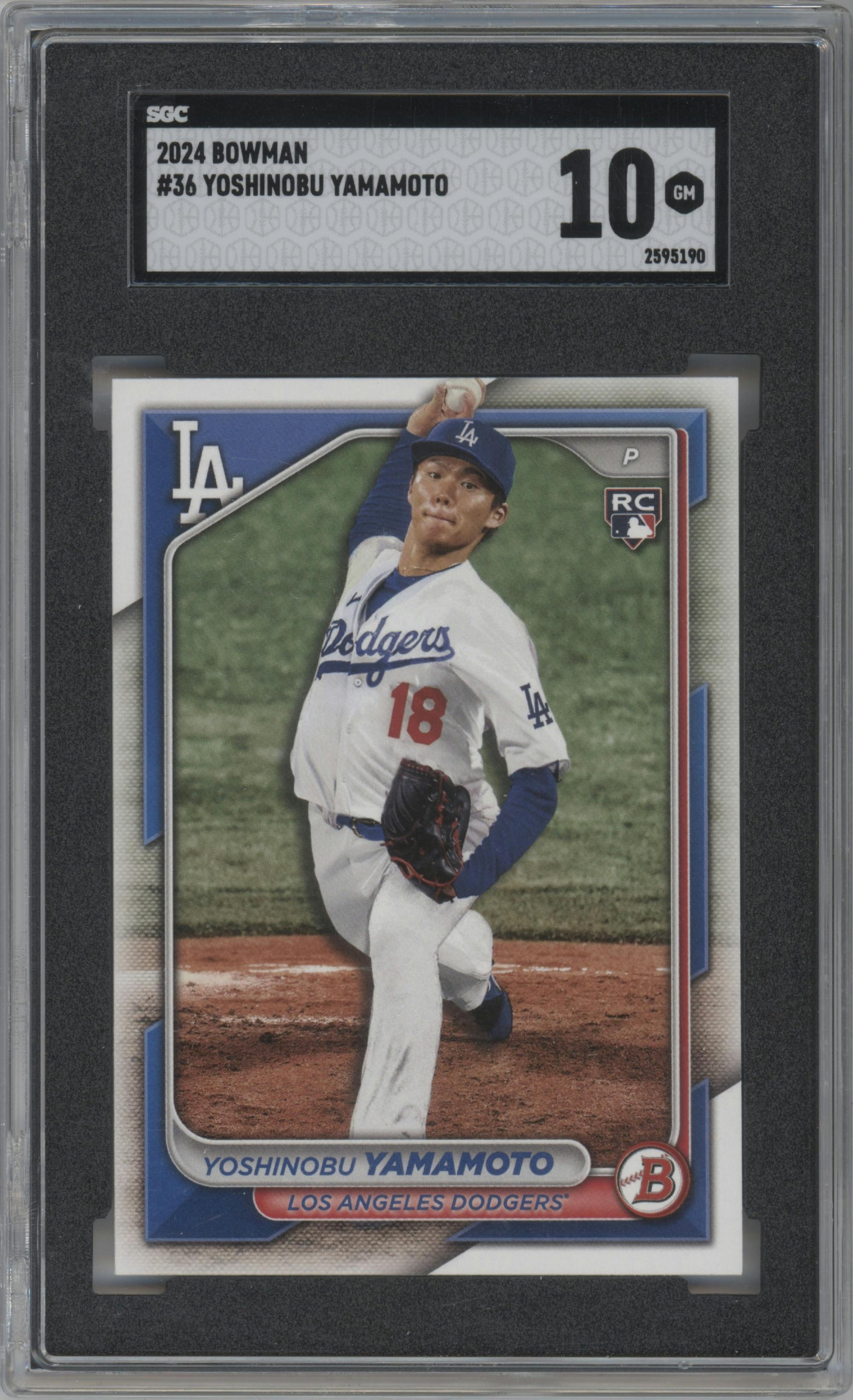 Yoshinobu Yamamoto from the 2024 Bowman set graded by SGC and given an overall grade of 10.
