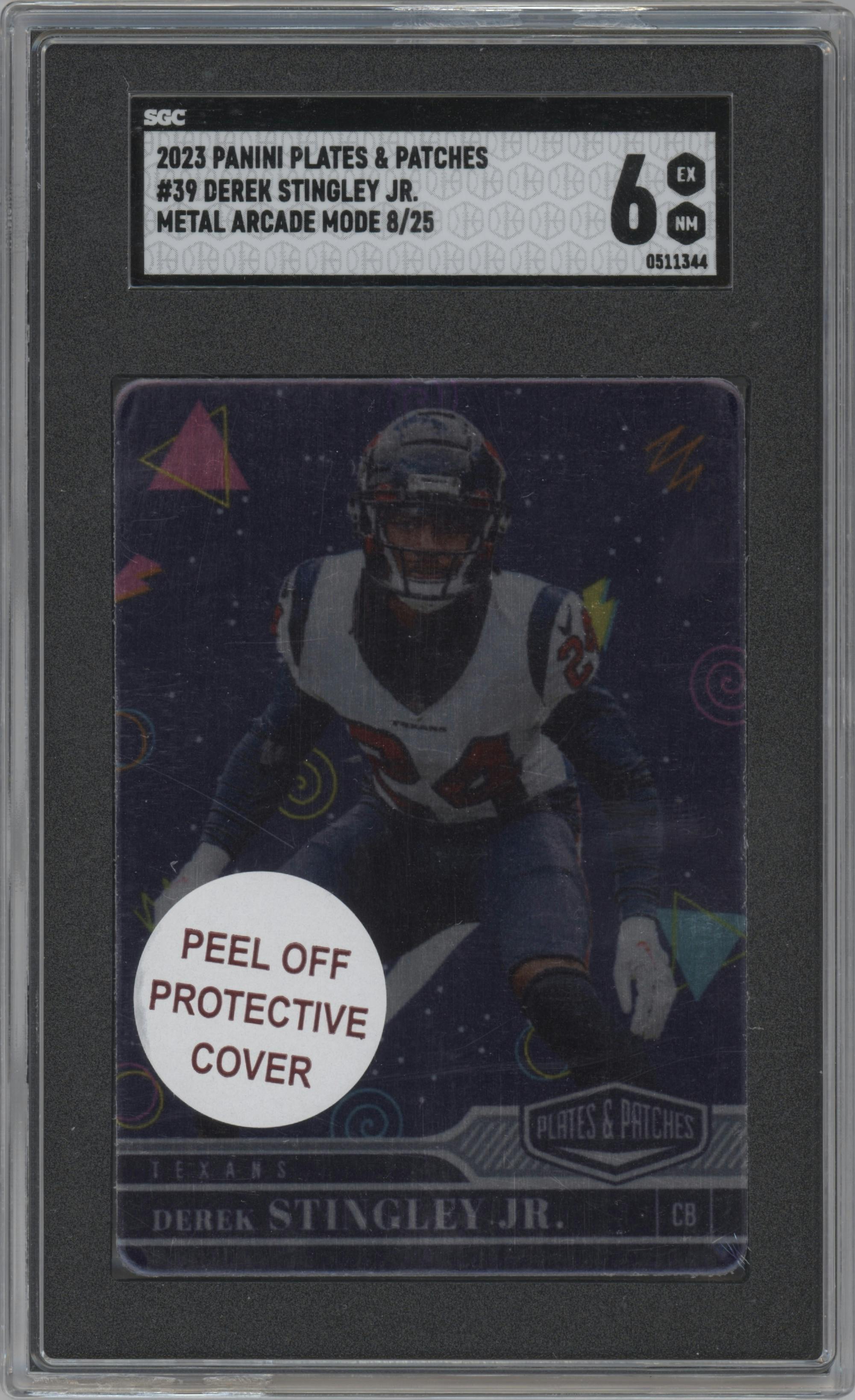Derek Stingley Jr. from the 2023 Panini Plates & Patches set featuring a Metal Arcade Mode parallel graded by SGC and given an overall grade of 6.