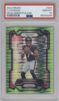 C.J. Stroud from the 2023 Panini Prizm set featuring a Neon Green Pulsar parallel graded by PSA and given an overall grade of 10.