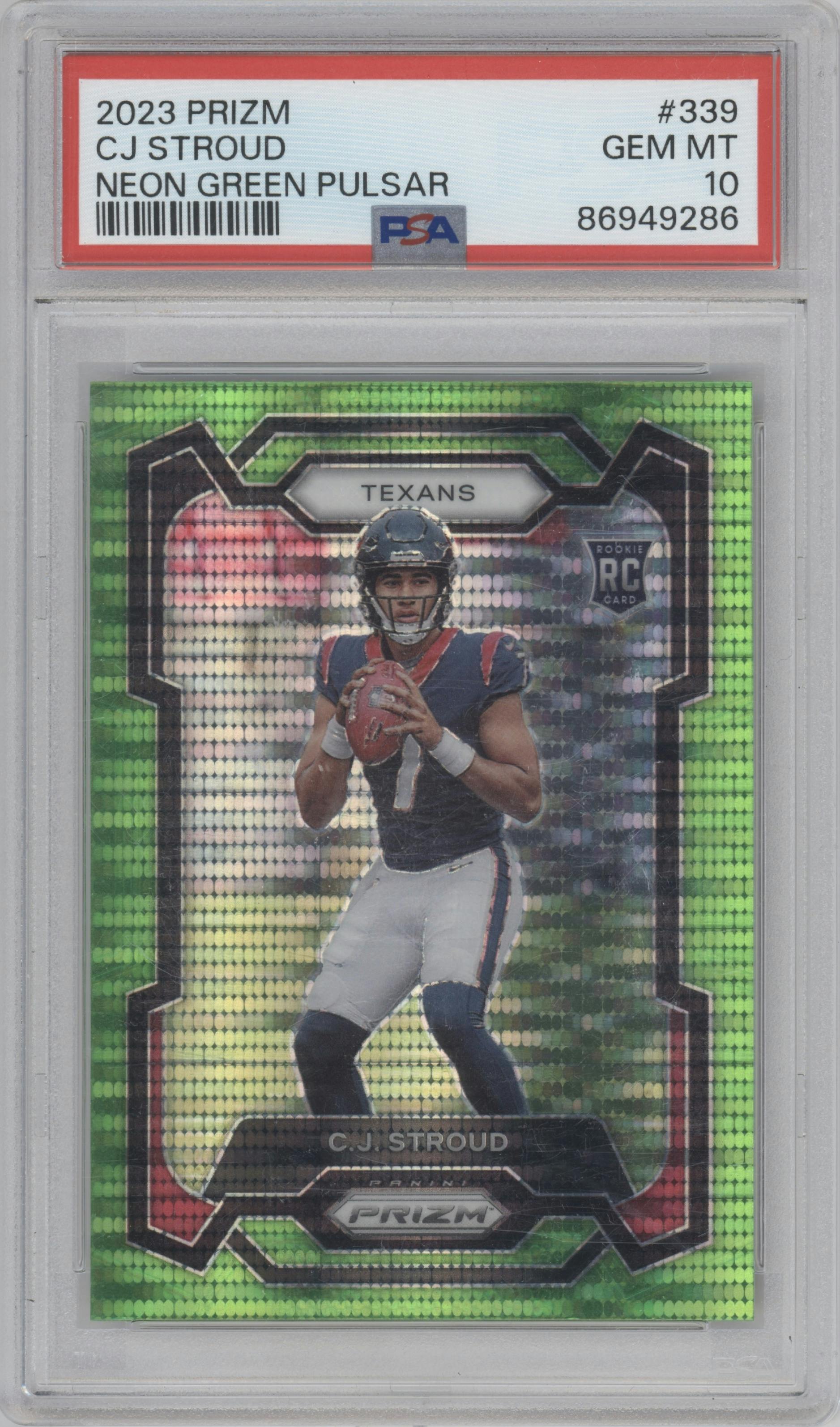 C.J. Stroud from the 2023 Panini Prizm set featuring a Neon Green Pulsar parallel graded by PSA and given an overall grade of 10.