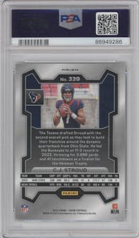 C.J. Stroud from the 2023 Panini Prizm set featuring a Neon Green Pulsar parallel graded by PSA and given an overall grade of 10.