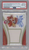 Travis Kelce from the 2018 Panini Immaculate Collection set featuring a Gold parallel graded by PSA and given an overall grade of 8.