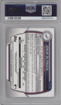 Josue De Paula from the 2023 Bowman  set featuring a Atomic Refractor  parallel graded by PSA and given an overall grade of 10.