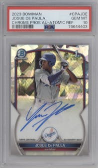 Josue De Paula from the 2023 Bowman  set featuring a Atomic Refractor  parallel graded by PSA and given an overall grade of 10.