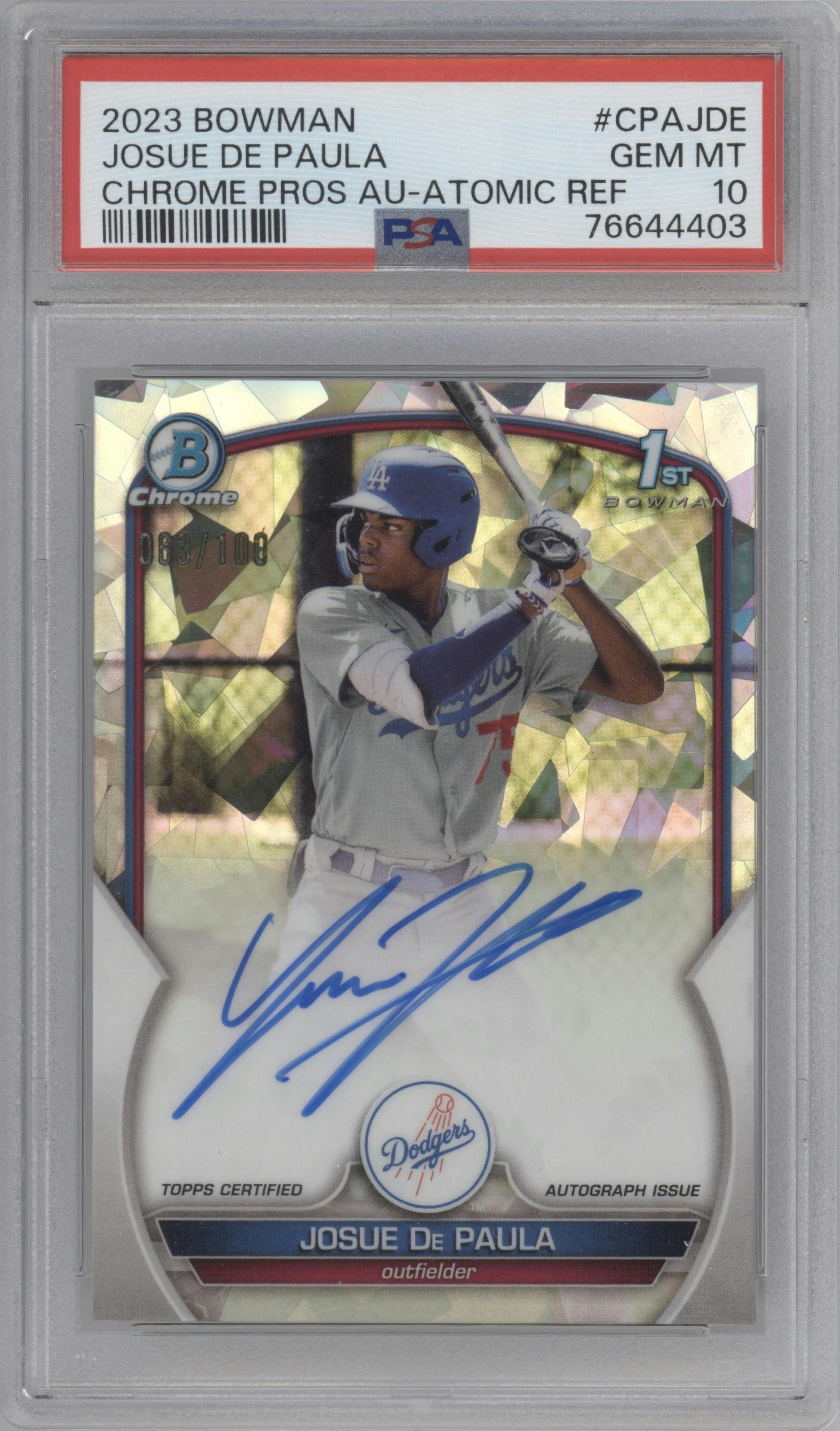 Josue De Paula from the 2023 Bowman  set featuring a Atomic Refractor  parallel graded by PSA and given an overall grade of 10.