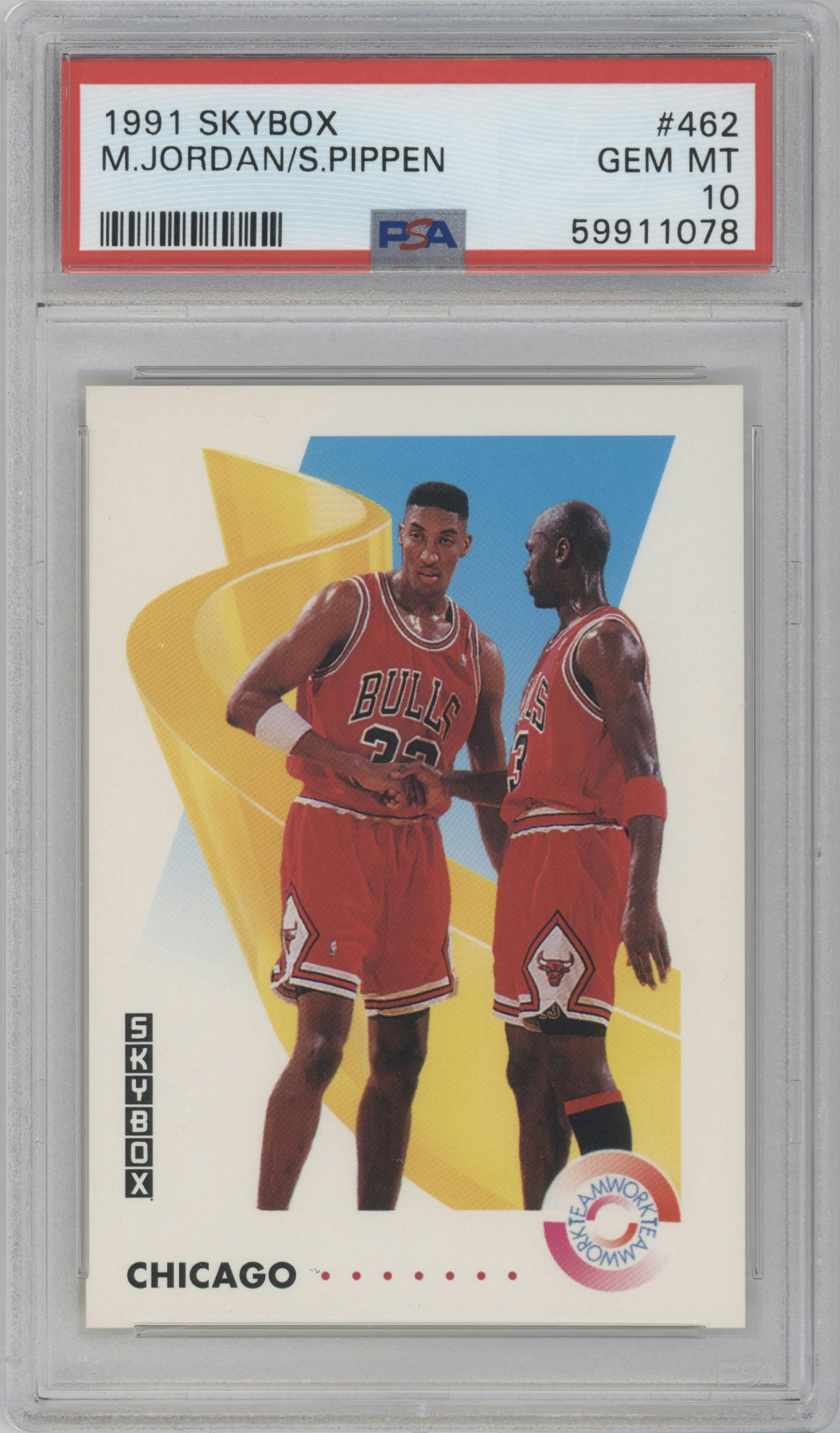 Michael Jordan/Scottie Pippen from the 1991-92 Skybox set graded by PSA and given an overall grade of 10.