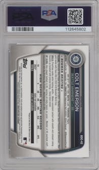 Colt Emerson from the 2023 Bowman Draft set featuring a Refractor parallel graded by PSA and given an overall grade of 10.