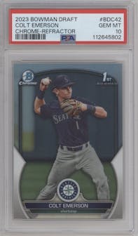 Colt Emerson from the 2023 Bowman Draft set featuring a Refractor parallel graded by PSA and given an overall grade of 10.
