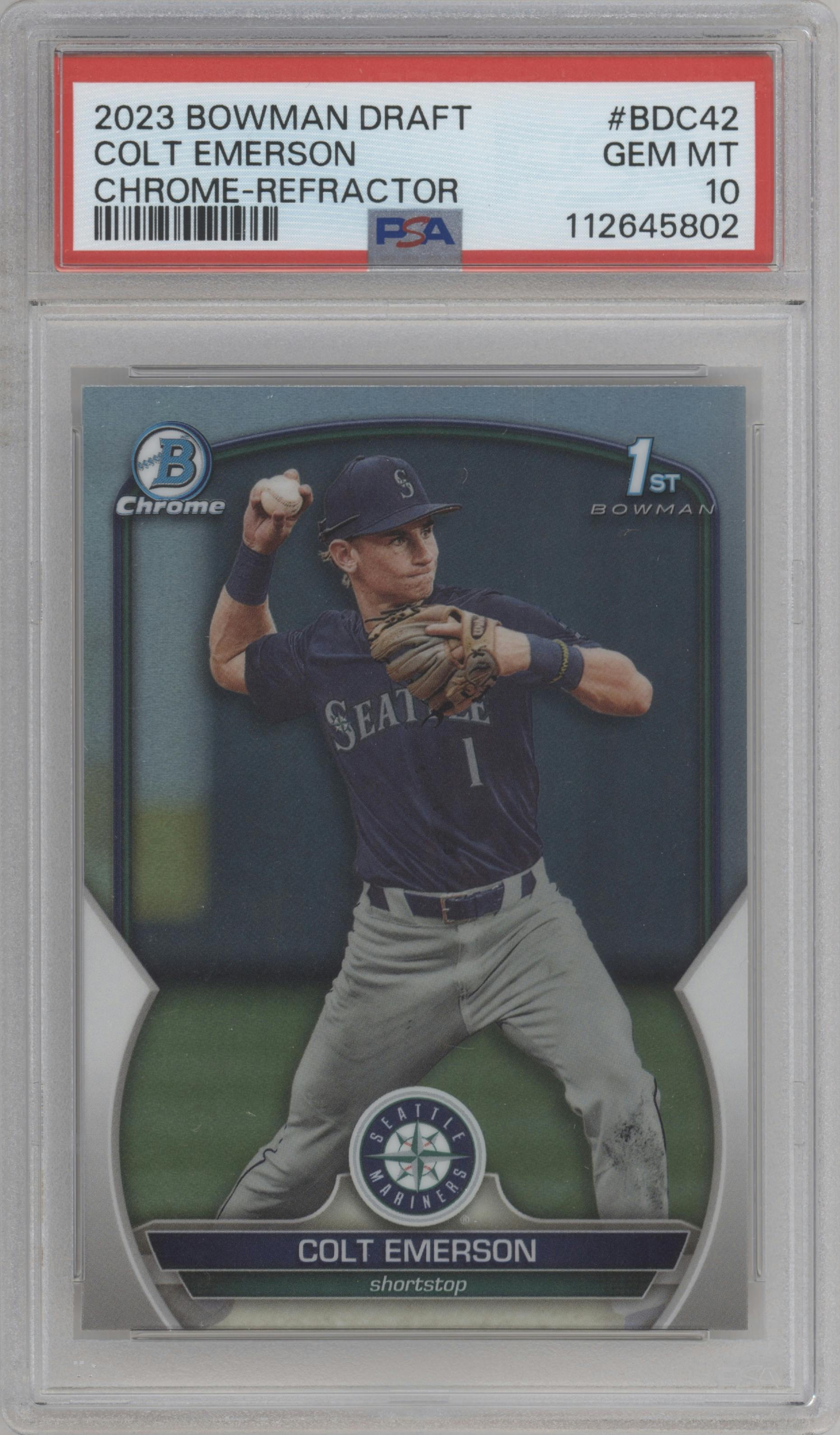 Colt Emerson from the 2023 Bowman Draft set featuring a Refractor parallel graded by PSA and given an overall grade of 10.