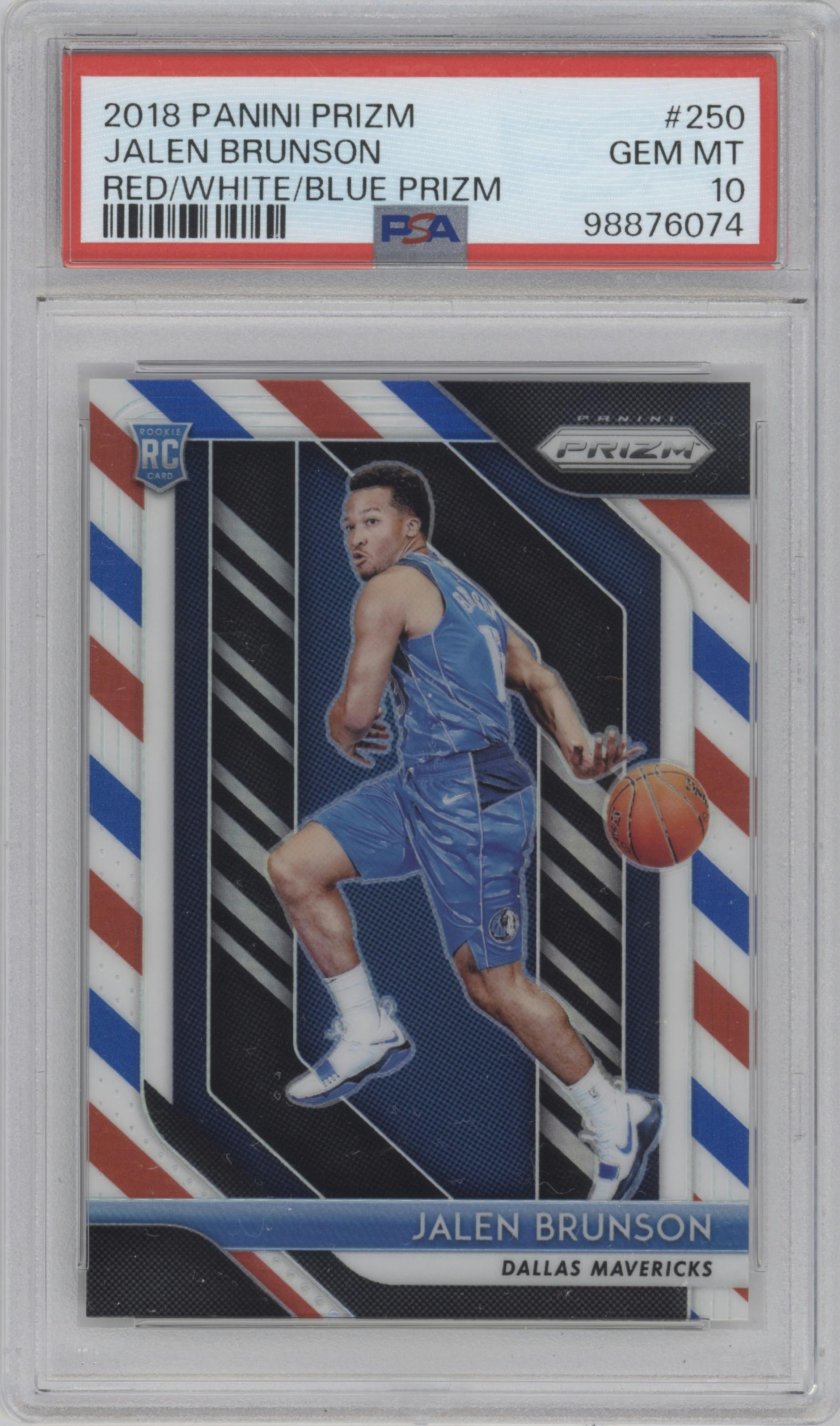 Jalen Brunson from the 2018-19 Panini Prizm set featuring a Red White Blue Prizm parallel graded by PSA and given an overall grade of 10.