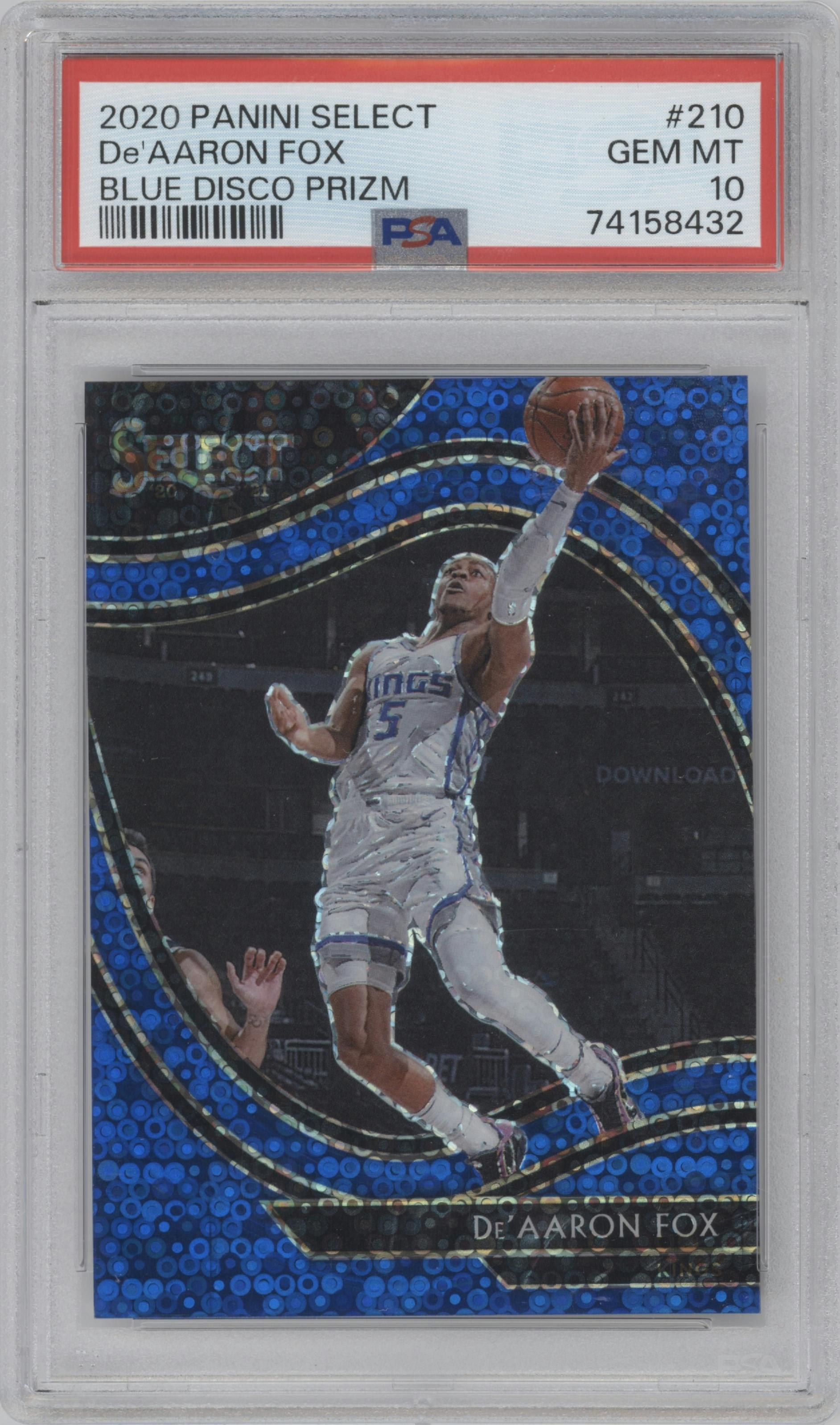 De'Aaron Fox from the 2020-21 Panini Select  set featuring a Disco Blue parallel graded by PSA and given an overall grade of 10.