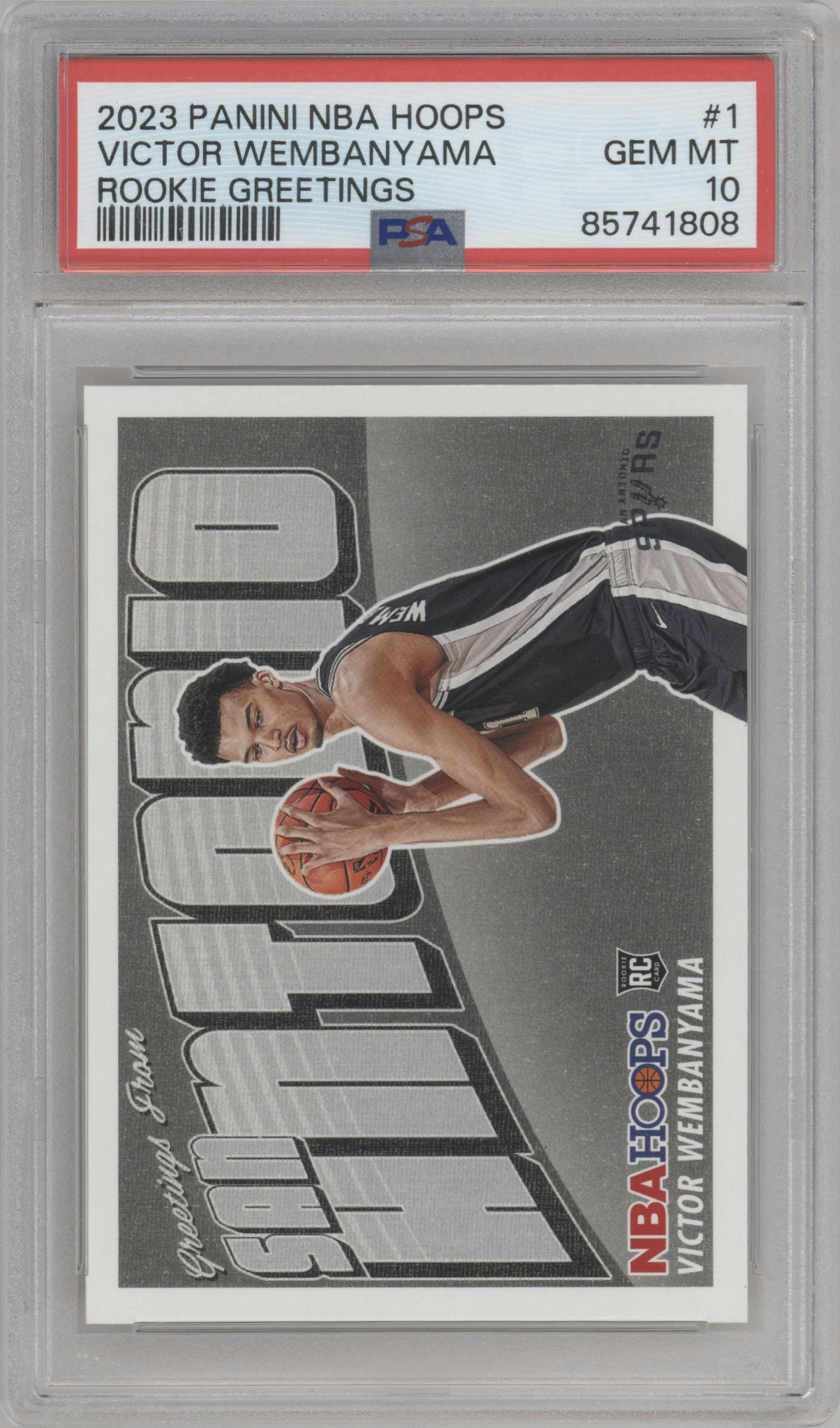 Victor Wembanyama from the 2023-24 Panini NBA Hoops set graded by PSA and given an overall grade of 10.