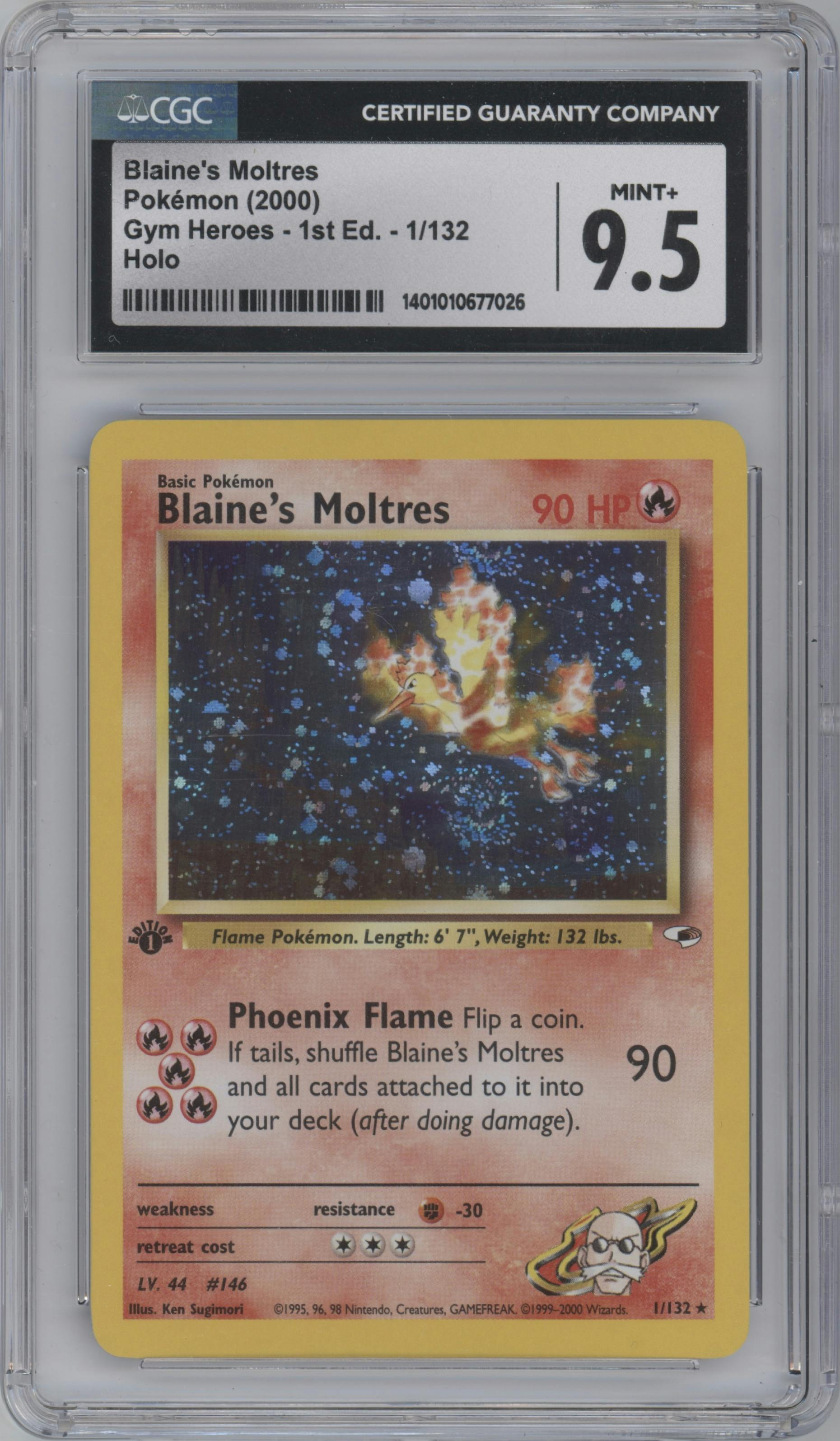 Blaine's Moltres from the 2000 Pokemon GH set graded by CSG and given an overall grade of 9.5.