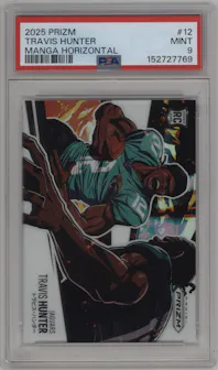 Travis Hunter from the 2025 Panini Prizm set graded by PSA and given an overall grade of 9.