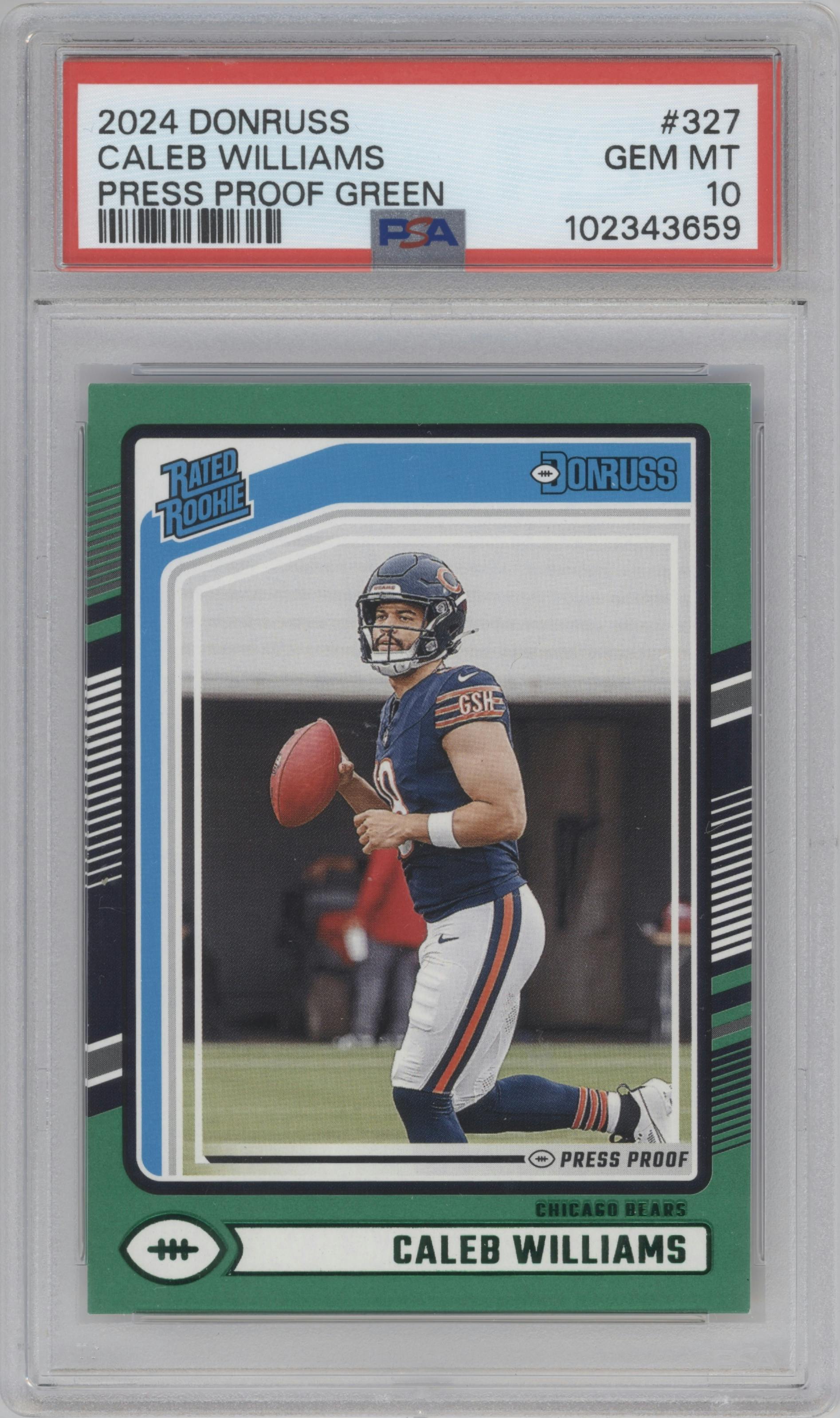 Caleb Williams from the 2024 Donruss set featuring a Press Proof Green parallel graded by PSA and given an overall grade of 10.