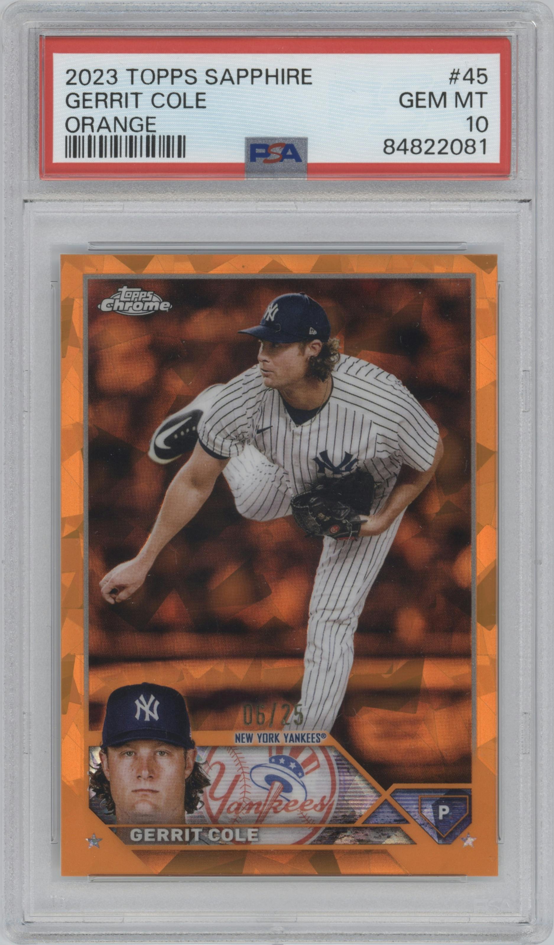 Gerrit Cole from the 2023 Topps Chrome Sapphire set featuring a Orange  parallel graded by PSA and given an overall grade of 10.