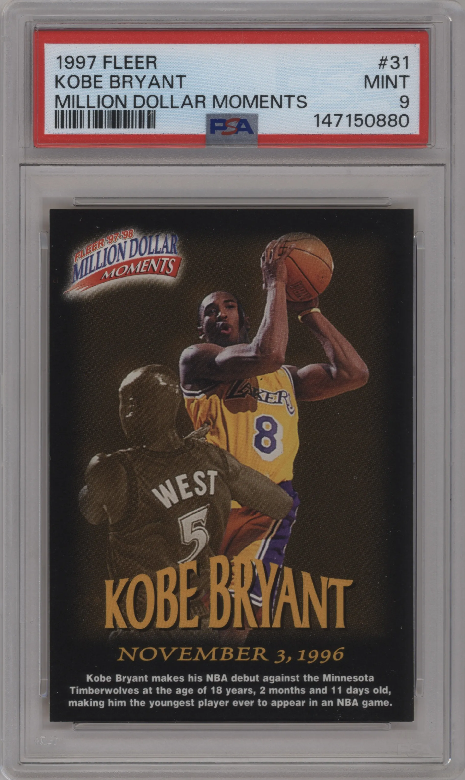 1997 Fleer Million Dollar Moments Kobe Bryant #31 PSA 9