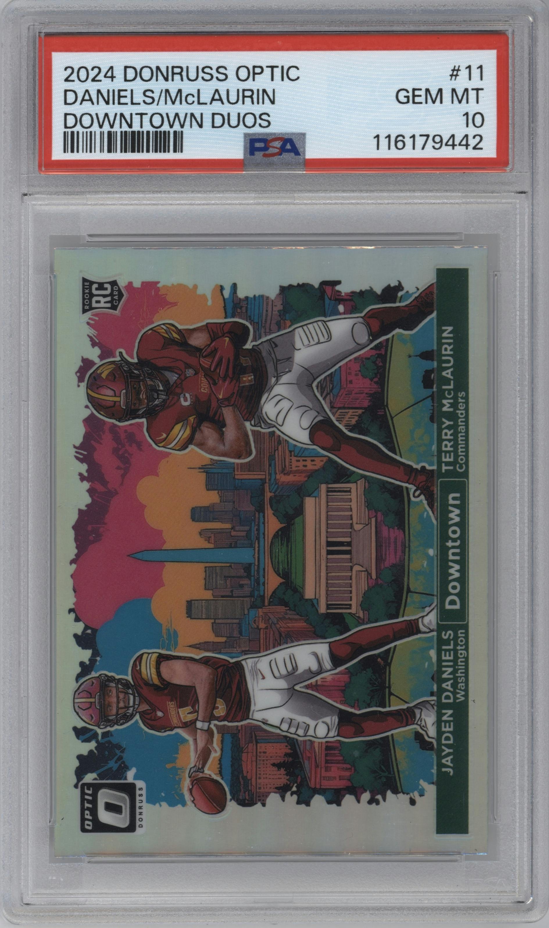 Jayden Daniels/Terry McLaurin from the 2024 Donruss Optic set graded by PSA and given an overall grade of 10.