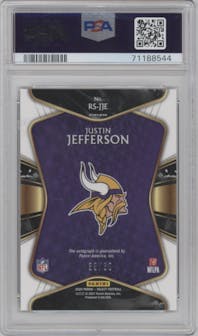 Justin Jefferson from the 2020 Panini Select set featuring a Maroon Prizm parallel graded by PSA and given an overall grade of 10.