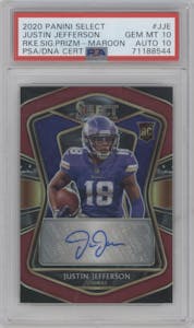 Justin Jefferson from the 2020 Panini Select set featuring a Maroon Prizm parallel graded by PSA and given an overall grade of 10.