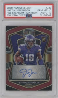 Justin Jefferson from the 2020 Panini Select set featuring a Maroon Prizm parallel graded by PSA and given an overall grade of 10.